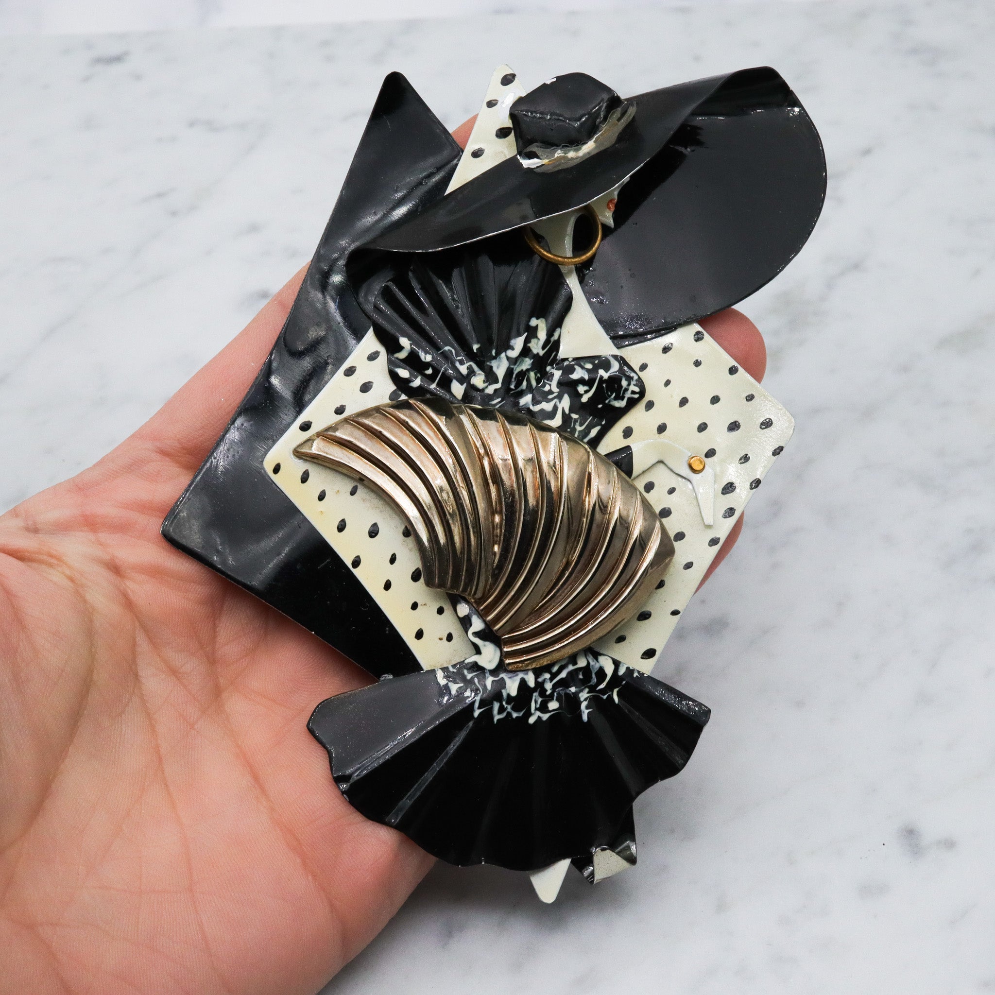 Huge 1980's handmade black & white lady brooch